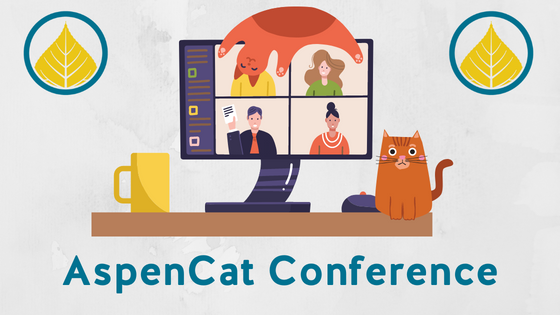 Image with a computer monitor with four people on the video conference call and two cats sitting next to the computer.