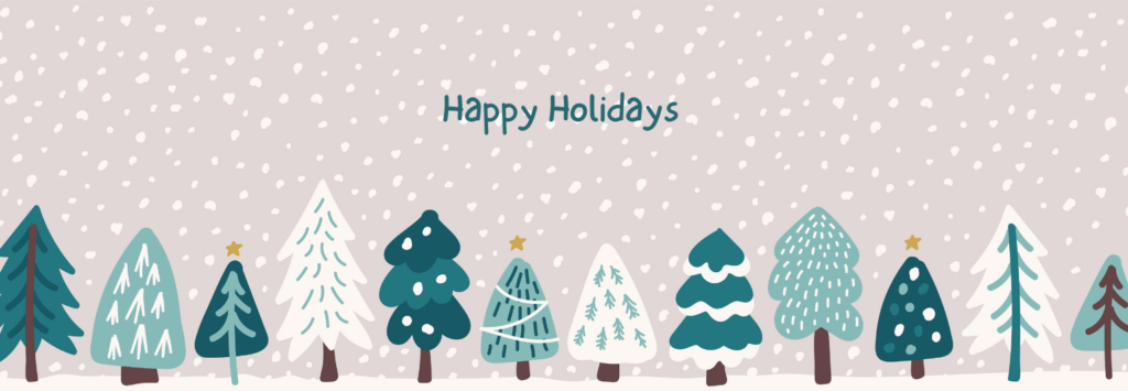 Happy Holidays - wintry scene with cartoon trees and falling snow