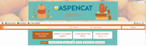 AspenCat libraries logo with three stacked pumpkins and a cat sitting on a stack of books, with a pumpkin background header.