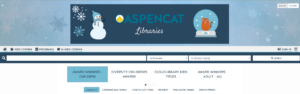 AspenCat libraries logo with snowflakes, a snowman, and a cat inside a snow globe, with a snowflake background header.
