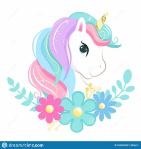 Unicorn with pink, blue and purple hair and flowers