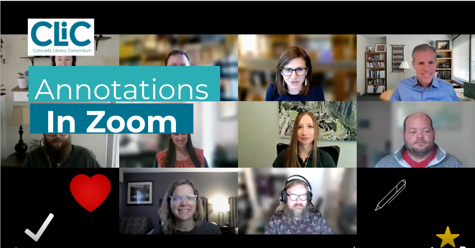 Photo of people on a zoom call with the words "Annotations in Zoom" overlayed on top